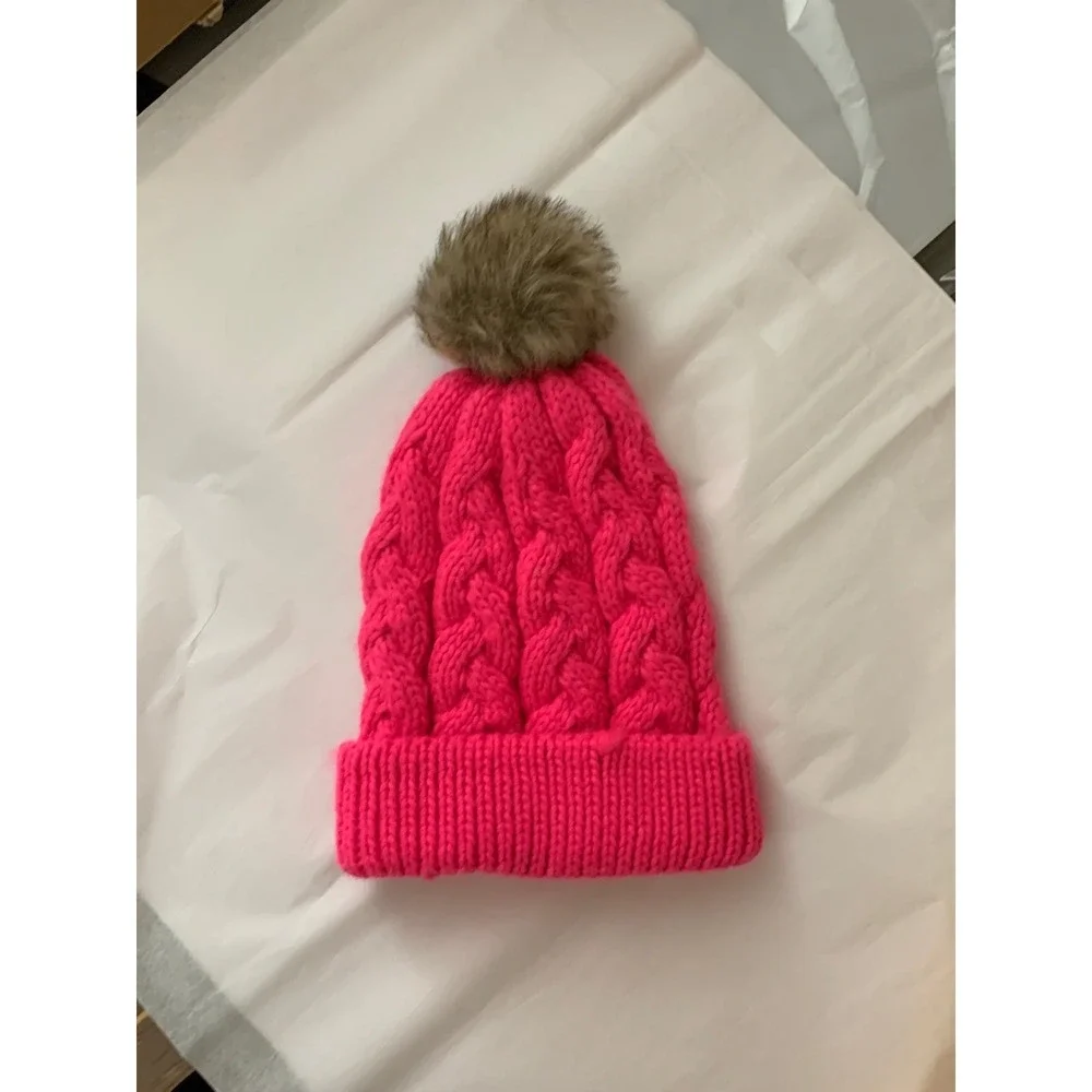 Cable Knit Beanie Hat with Pom Pom Toby NY Hot Pink Winter Warm Girls